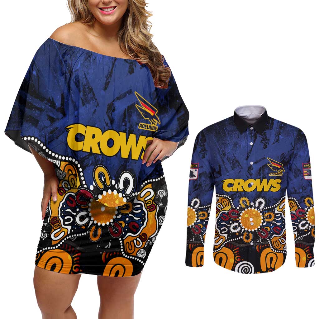 Personalized Adelaide Crows Couples Matching Off Shoulder Short Dress and Long Sleeve Button Shirt Aboriginal Dot Painting Graffiti Style