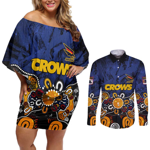 Personalized Adelaide Crows Couples Matching Off Shoulder Short Dress and Long Sleeve Button Shirt Aboriginal Dot Painting Graffiti Style