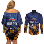 Personalized Adelaide Crows Couples Matching Off Shoulder Short Dress and Long Sleeve Button Shirt Aboriginal Dot Painting Graffiti Style
