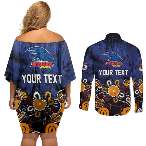 Personalized Adelaide Crows Couples Matching Off Shoulder Short Dress and Long Sleeve Button Shirt Aboriginal Dot Painting Graffiti Style