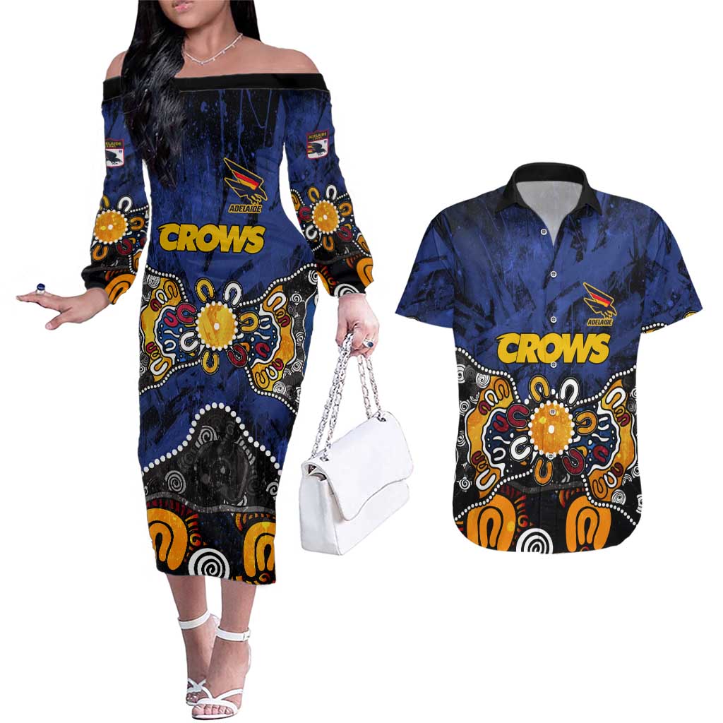 Personalized Adelaide Crows Couples Matching Off The Shoulder Long Sleeve Dress and Hawaiian Shirt Aboriginal Dot Painting Graffiti Style