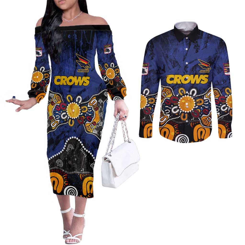 Personalized Adelaide Crows Couples Matching Off The Shoulder Long Sleeve Dress and Long Sleeve Button Shirt Aboriginal Dot Painting Graffiti Style