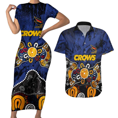 Personalized Adelaide Crows Couples Matching Short Sleeve Bodycon Dress and Hawaiian Shirt Aboriginal Dot Painting Graffiti Style