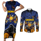 Personalized Adelaide Crows Couples Matching Short Sleeve Bodycon Dress and Long Sleeve Button Shirt Aboriginal Dot Painting Graffiti Style