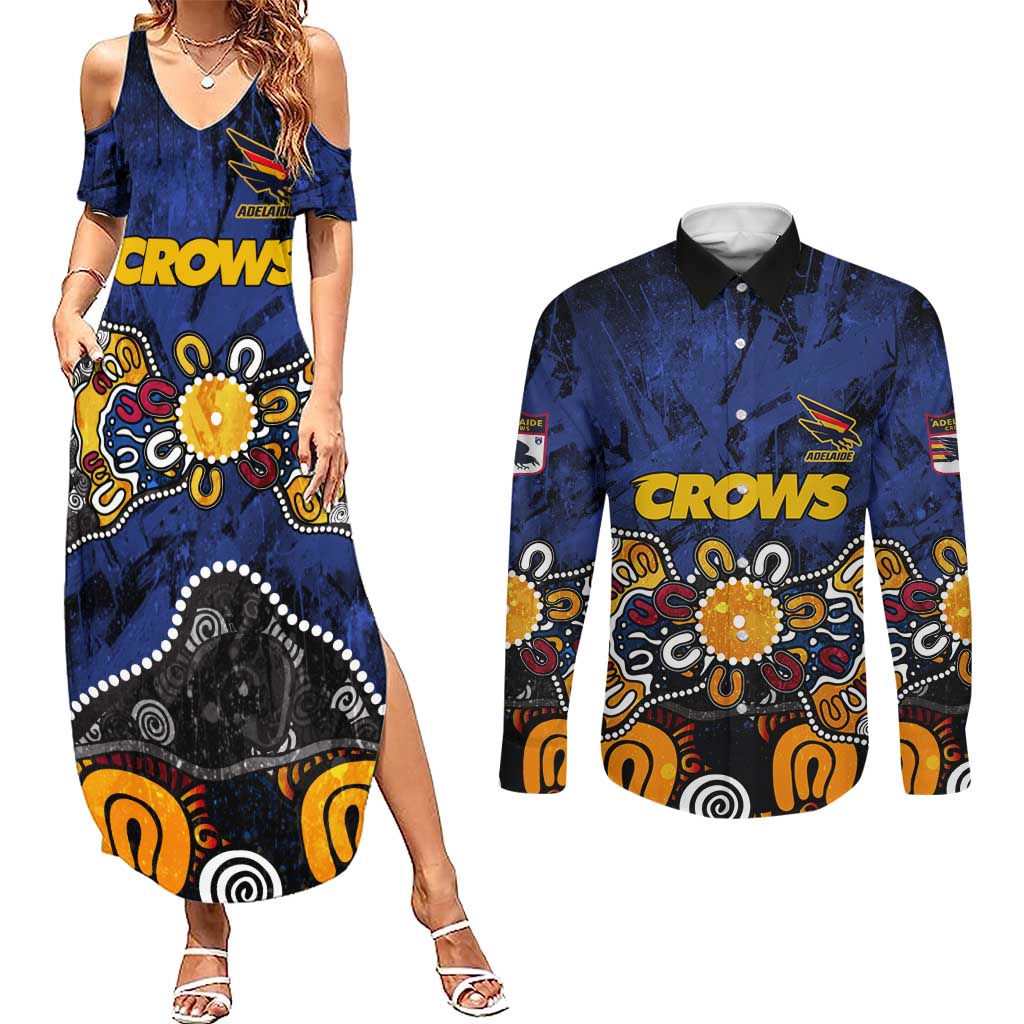 Personalized Adelaide Crows Couples Matching Summer Maxi Dress and Long Sleeve Button Shirt Aboriginal Dot Painting Graffiti Style
