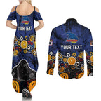 Personalized Adelaide Crows Couples Matching Summer Maxi Dress and Long Sleeve Button Shirt Aboriginal Dot Painting Graffiti Style