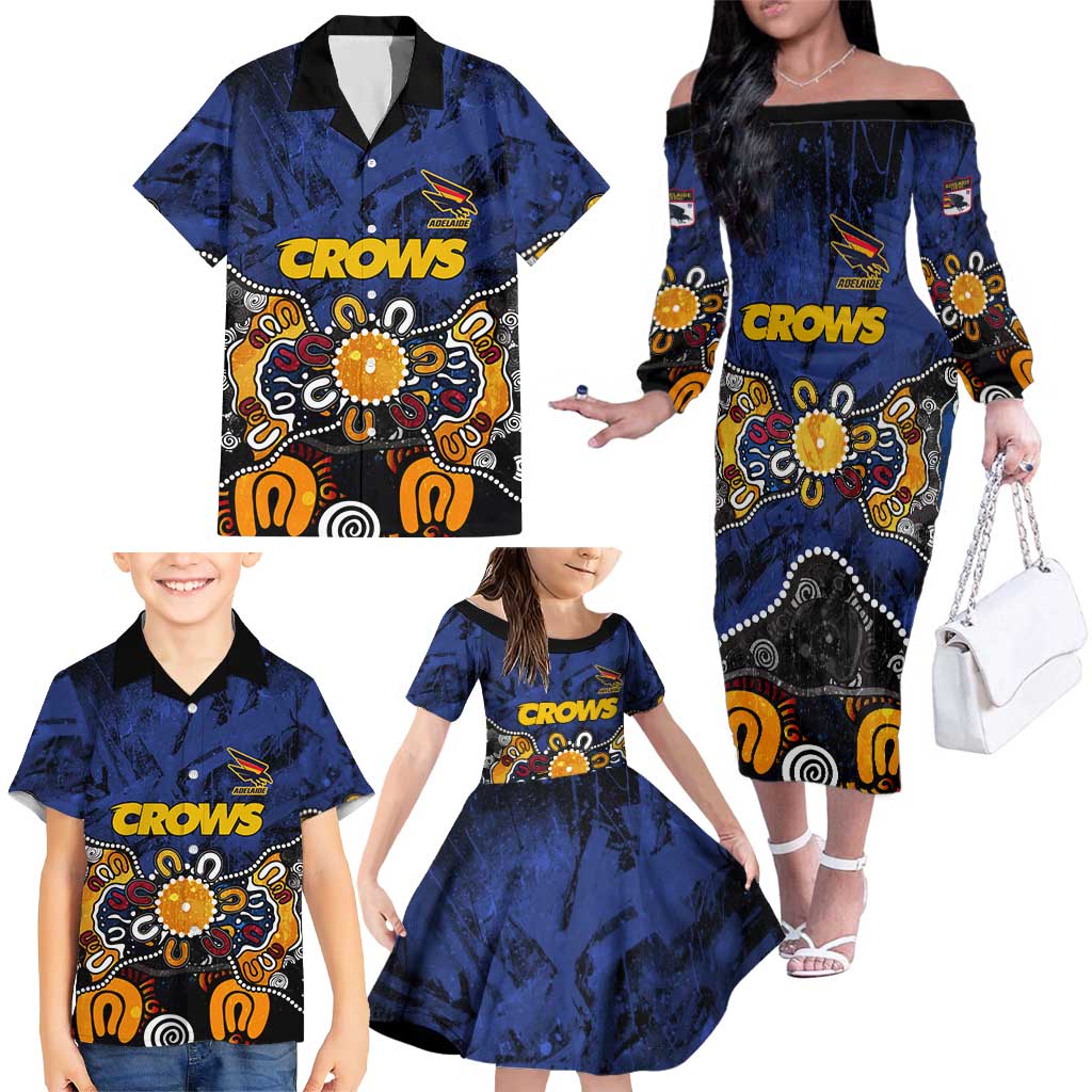 Personalized Adelaide Crows Family Matching Off The Shoulder Long Sleeve Dress and Hawaiian Shirt Aboriginal Dot Painting Graffiti Style