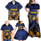 Personalized Adelaide Crows Family Matching Off Shoulder Maxi Dress and Hawaiian Shirt Aboriginal Dot Painting Graffiti Style