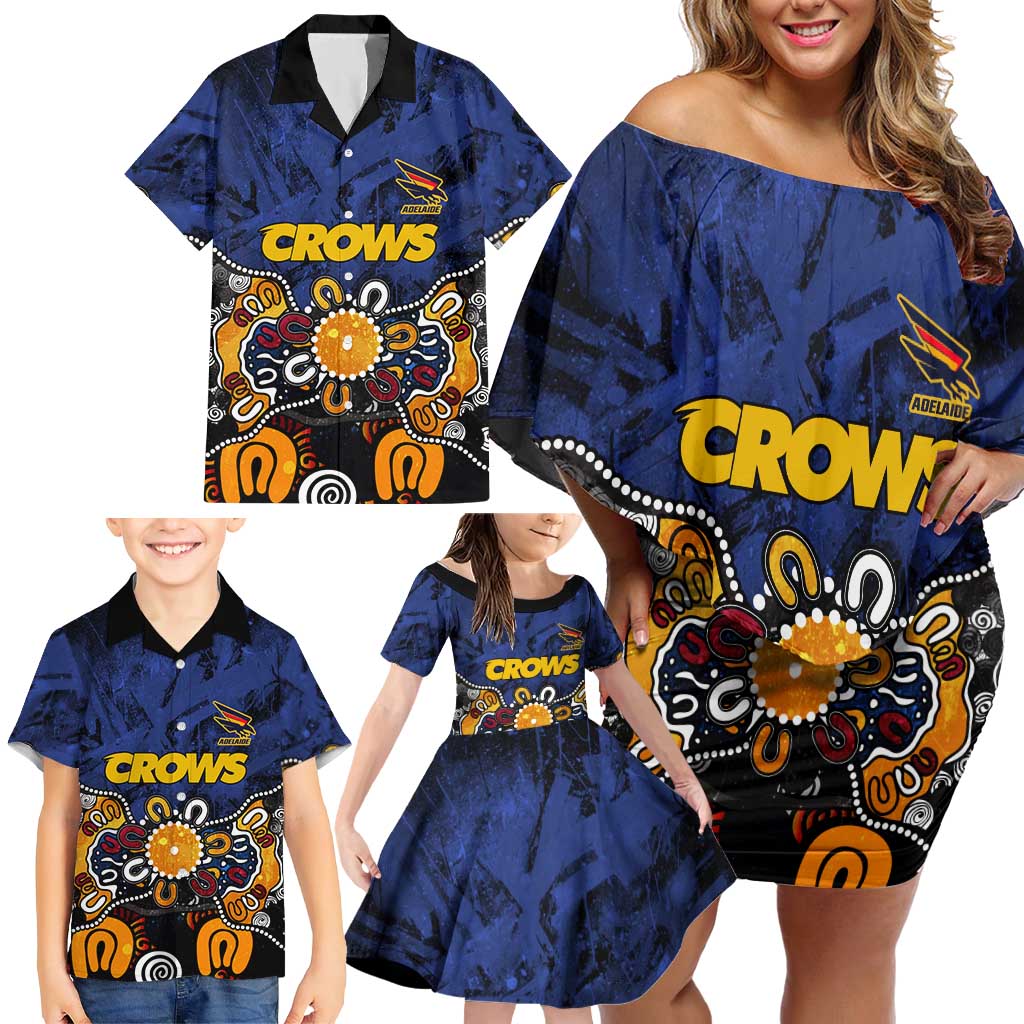 Personalized Adelaide Crows Family Matching Off Shoulder Short Dress and Hawaiian Shirt Aboriginal Dot Painting Graffiti Style