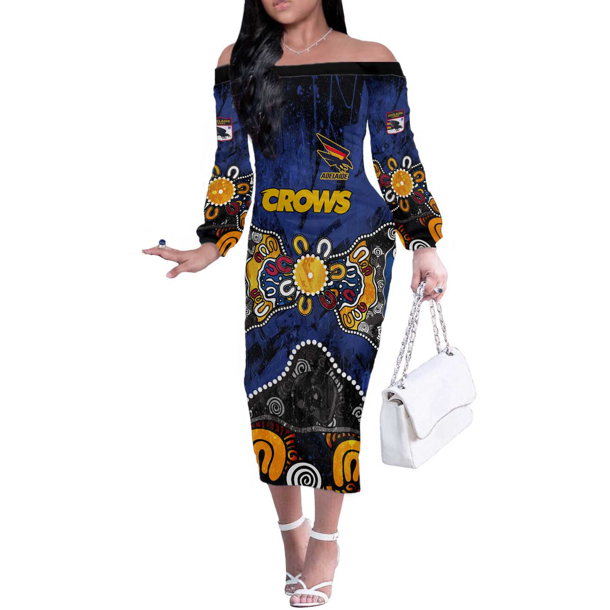 Personalized Adelaide Crows Off The Shoulder Long Sleeve Dress Aboriginal Dot Painting Graffiti Style