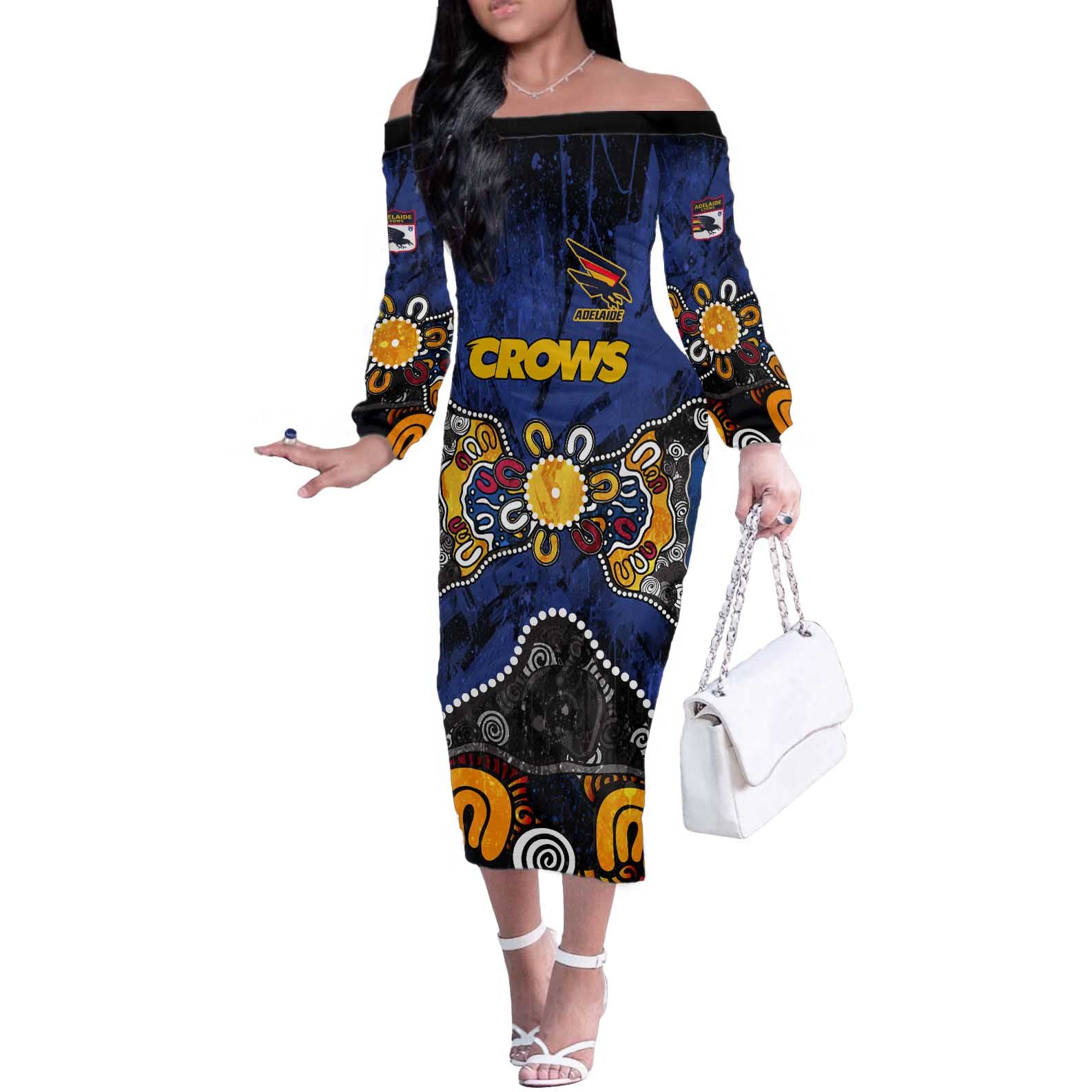 Personalized Adelaide Crows Off The Shoulder Long Sleeve Dress Aboriginal Dot Painting Graffiti Style