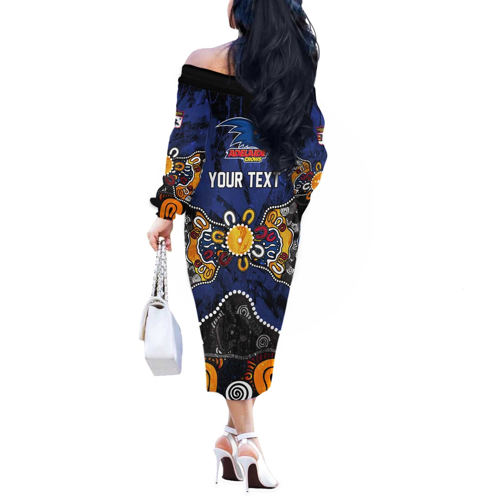 Personalized Adelaide Crows Off The Shoulder Long Sleeve Dress Aboriginal Dot Painting Graffiti Style
