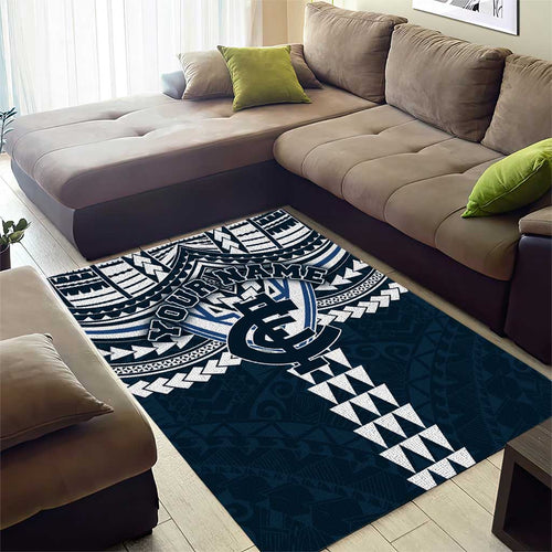 Personalized Carlton Blues Area Rug Polynesian Tribal Pattern Heritage Football