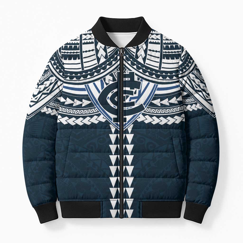 Personalized Carlton Blues Bomber Puffer Jacket Polynesian Tribal Pattern Heritage Football