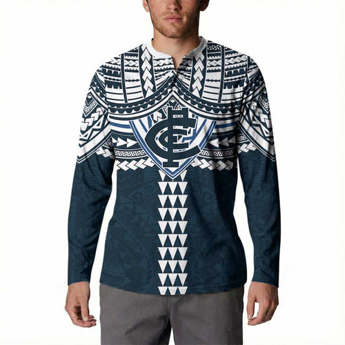 Personalized Carlton Blues Button Sweatshirt Polynesian Tribal Pattern Heritage Football