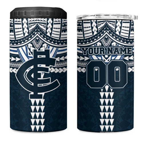 Personalized Carlton Blues 4 in 1 Can Cooler Tumbler Polynesian Tribal Pattern Heritage Football