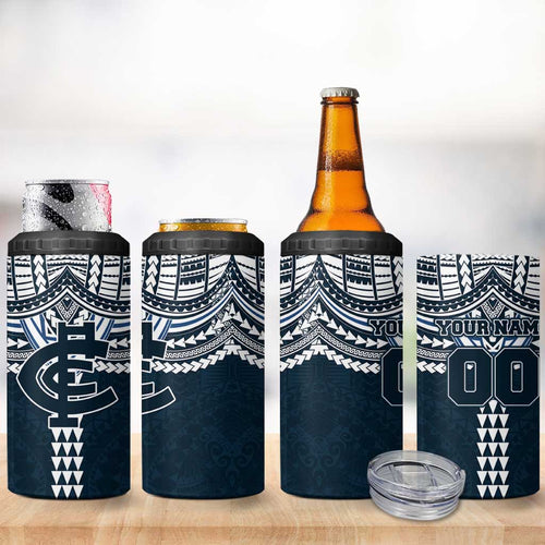 Personalized Carlton Blues 4 in 1 Can Cooler Tumbler Polynesian Tribal Pattern Heritage Football