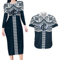 Personalized Carlton Blues Couples Matching Long Sleeve Bodycon Dress and Hawaiian Shirt Polynesian Tribal Pattern Heritage Football