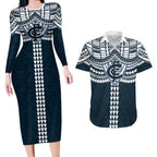 Personalized Carlton Blues Couples Matching Long Sleeve Bodycon Dress and Hawaiian Shirt Polynesian Tribal Pattern Heritage Football