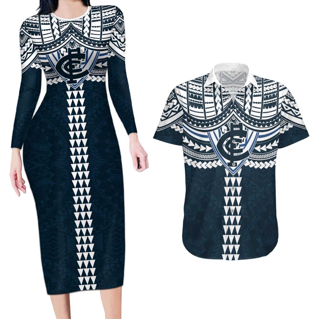 Personalized Carlton Blues Couples Matching Long Sleeve Bodycon Dress and Hawaiian Shirt Polynesian Tribal Pattern Heritage Football