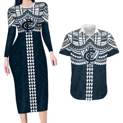 Personalized Carlton Blues Couples Matching Long Sleeve Bodycon Dress and Hawaiian Shirt Polynesian Tribal Pattern Heritage Football