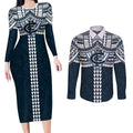 Personalized Carlton Blues Couples Matching Long Sleeve Bodycon Dress and Long Sleeve Button Shirt Polynesian Tribal Pattern Heritage Football