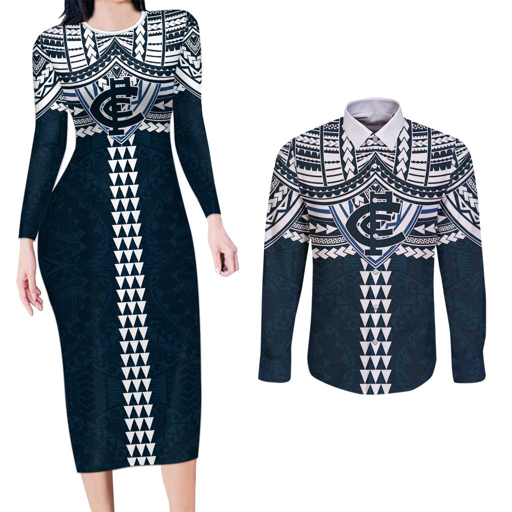 Personalized Carlton Blues Couples Matching Long Sleeve Bodycon Dress and Long Sleeve Button Shirt Polynesian Tribal Pattern Heritage Football