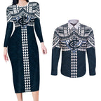 Personalized Carlton Blues Couples Matching Long Sleeve Bodycon Dress and Long Sleeve Button Shirt Polynesian Tribal Pattern Heritage Football