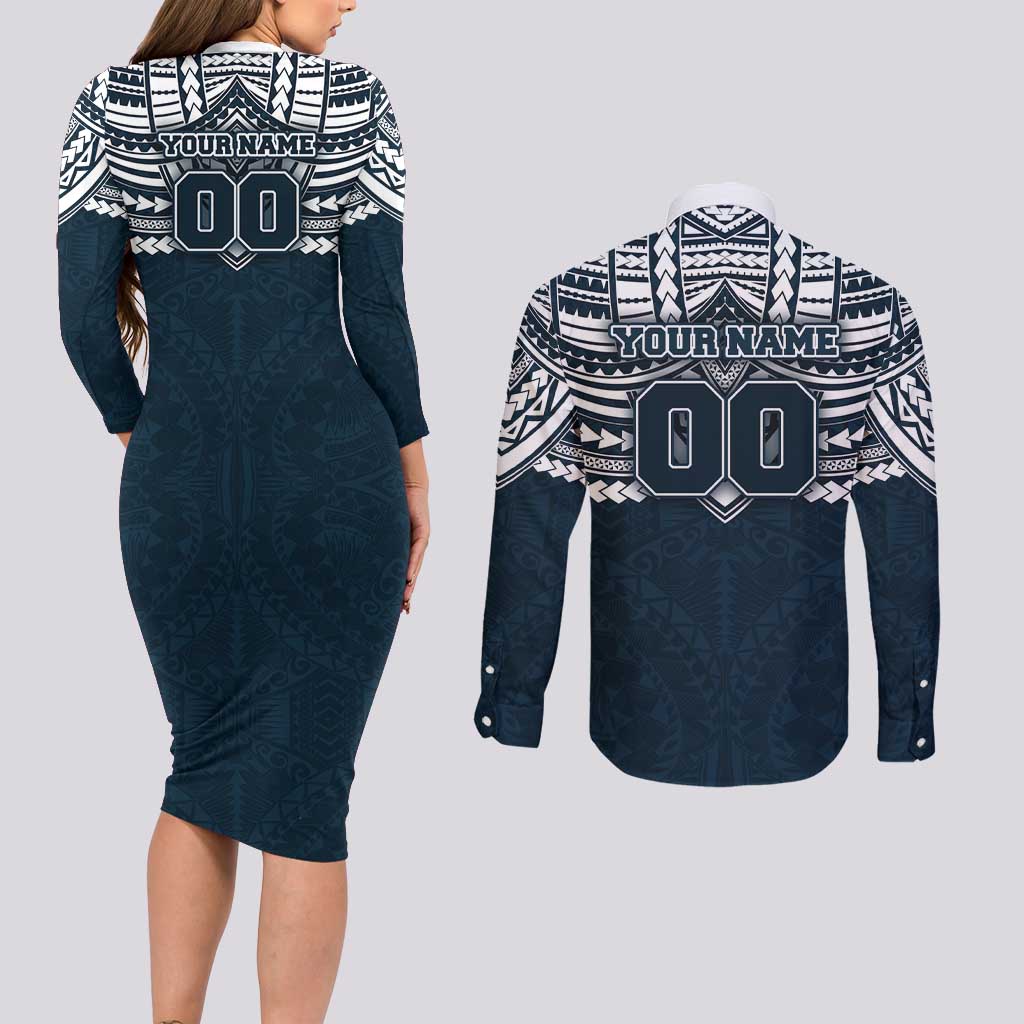 Personalized Carlton Blues Couples Matching Long Sleeve Bodycon Dress and Long Sleeve Button Shirt Polynesian Tribal Pattern Heritage Football