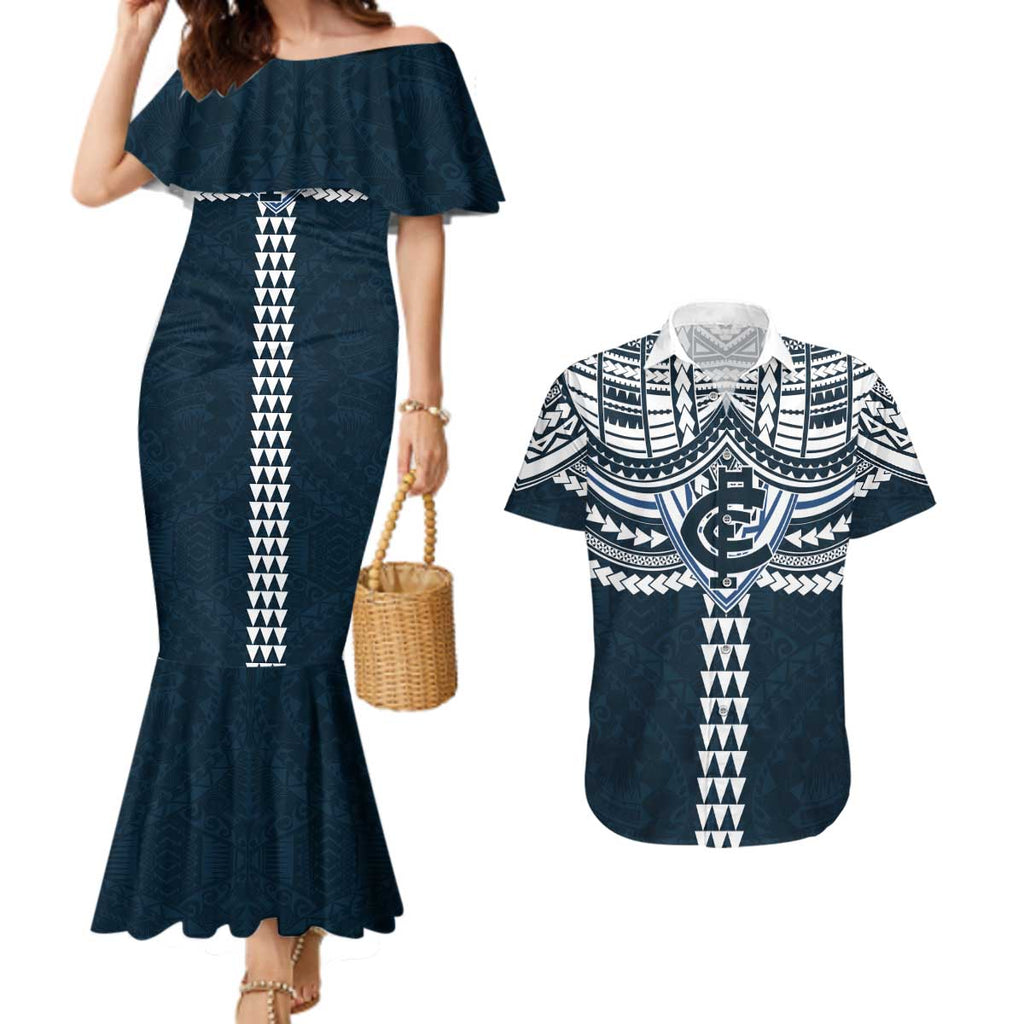 Personalized Carlton Blues Couples Matching Mermaid Dress and Hawaiian Shirt Polynesian Tribal Pattern Heritage Football