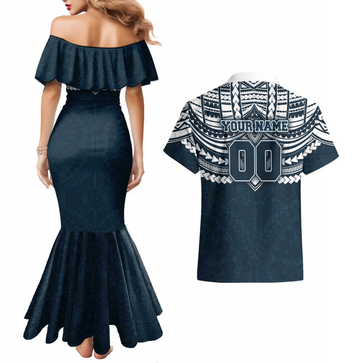 Personalized Carlton Blues Couples Matching Mermaid Dress and Hawaiian Shirt Polynesian Tribal Pattern Heritage Football