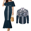 Personalized Carlton Blues Couples Matching Mermaid Dress and Long Sleeve Button Shirt Polynesian Tribal Pattern Heritage Football