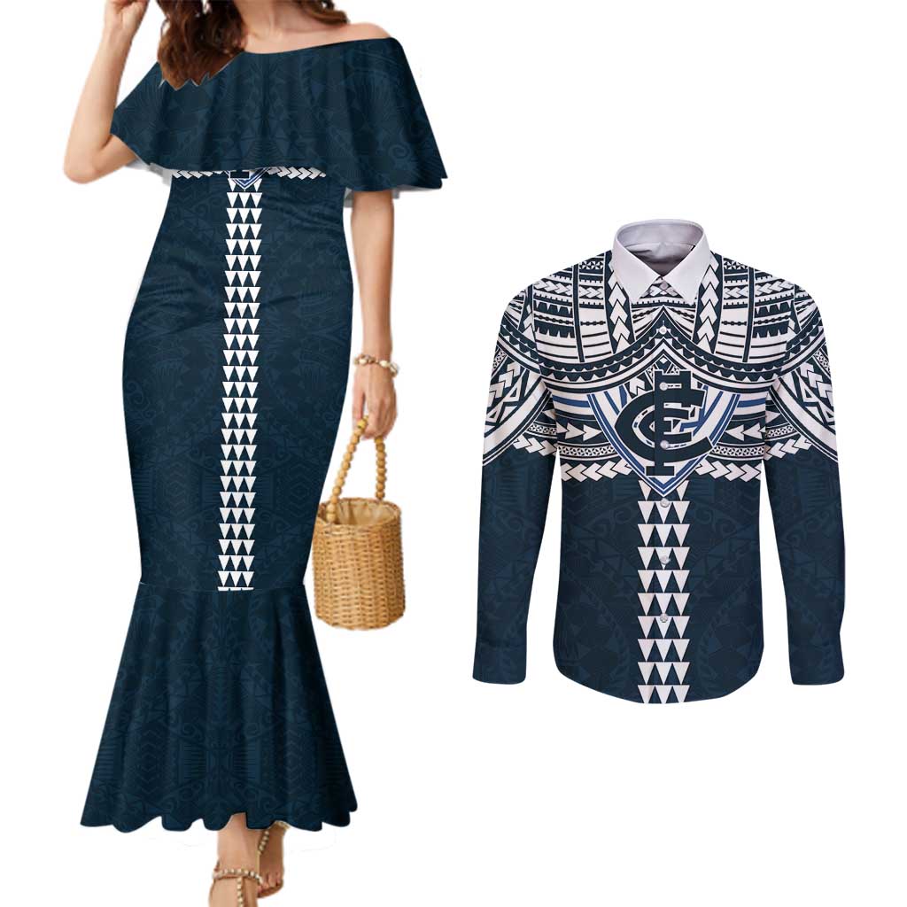 Personalized Carlton Blues Couples Matching Mermaid Dress and Long Sleeve Button Shirt Polynesian Tribal Pattern Heritage Football
