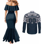 Personalized Carlton Blues Couples Matching Mermaid Dress and Long Sleeve Button Shirt Polynesian Tribal Pattern Heritage Football