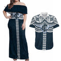 Personalized Carlton Blues Couples Matching Off Shoulder Maxi Dress and Hawaiian Shirt Polynesian Tribal Pattern Heritage Football