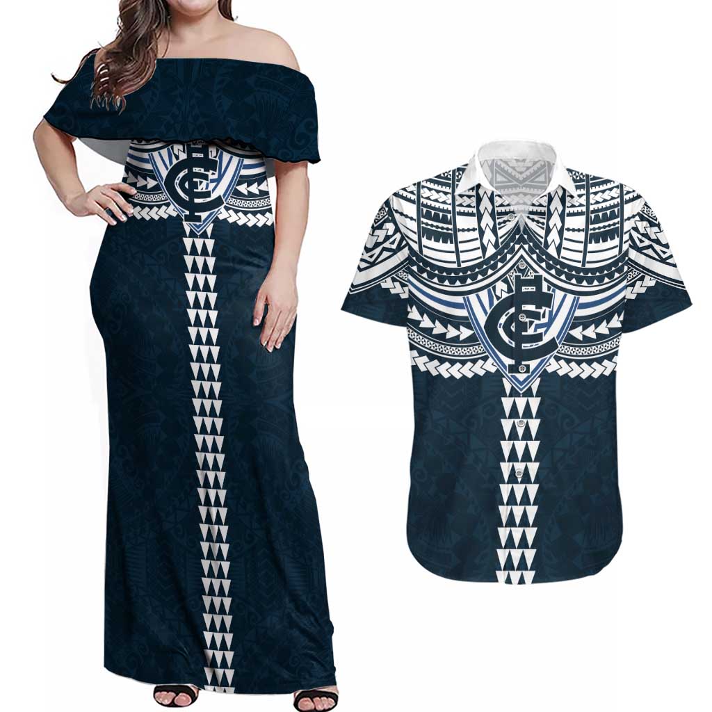 Personalized Carlton Blues Couples Matching Off Shoulder Maxi Dress and Hawaiian Shirt Polynesian Tribal Pattern Heritage Football