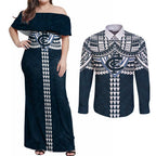 Personalized Carlton Blues Couples Matching Off Shoulder Maxi Dress and Long Sleeve Button Shirt Polynesian Tribal Pattern Heritage Football