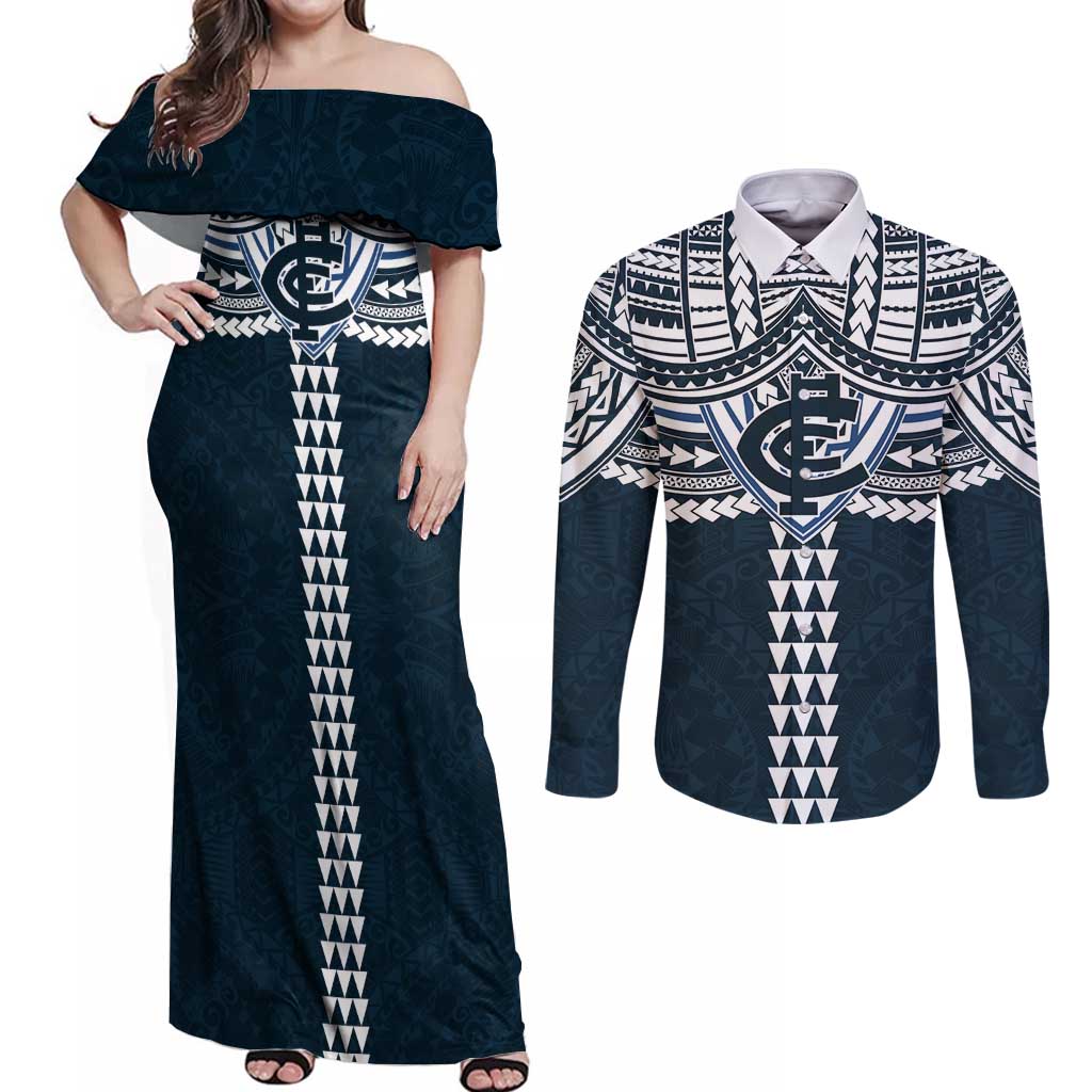 Personalized Carlton Blues Couples Matching Off Shoulder Maxi Dress and Long Sleeve Button Shirt Polynesian Tribal Pattern Heritage Football