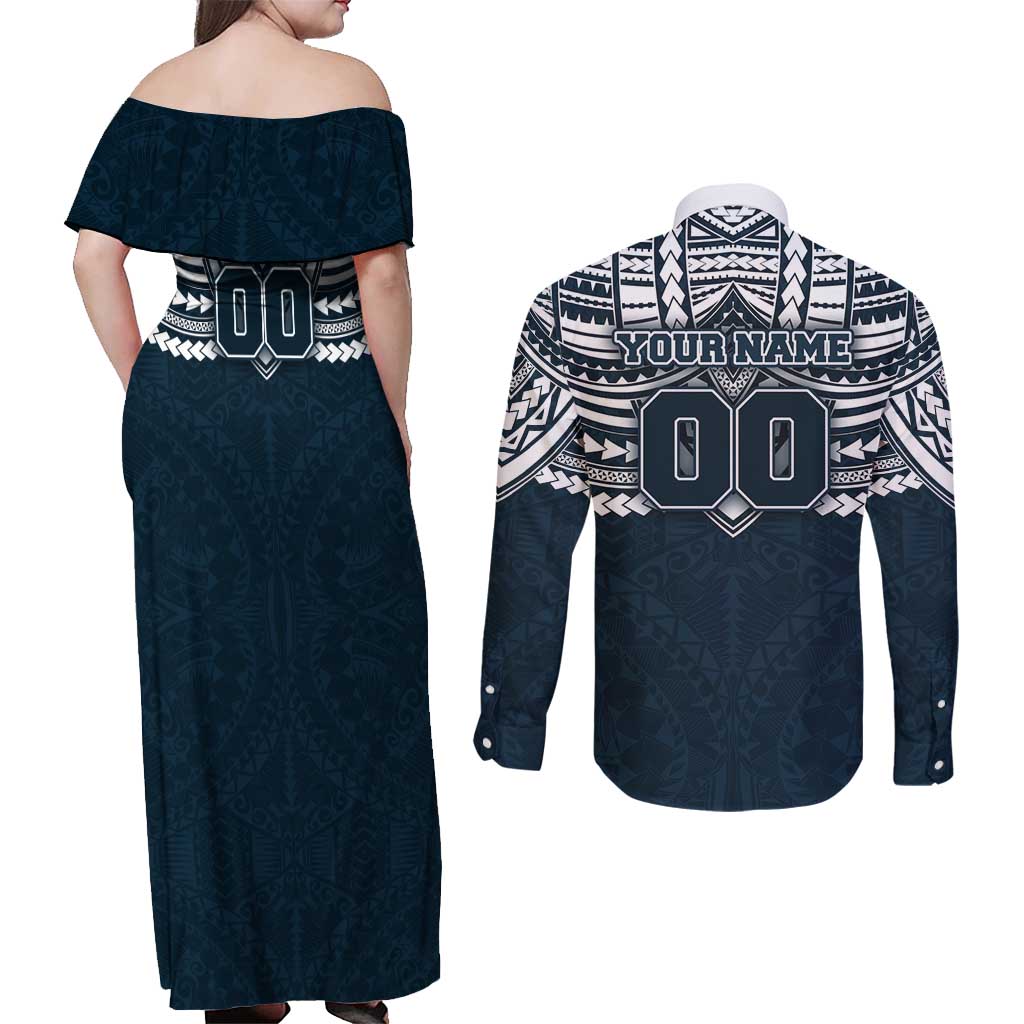 Personalized Carlton Blues Couples Matching Off Shoulder Maxi Dress and Long Sleeve Button Shirt Polynesian Tribal Pattern Heritage Football