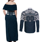 Personalized Carlton Blues Couples Matching Off Shoulder Maxi Dress and Long Sleeve Button Shirt Polynesian Tribal Pattern Heritage Football