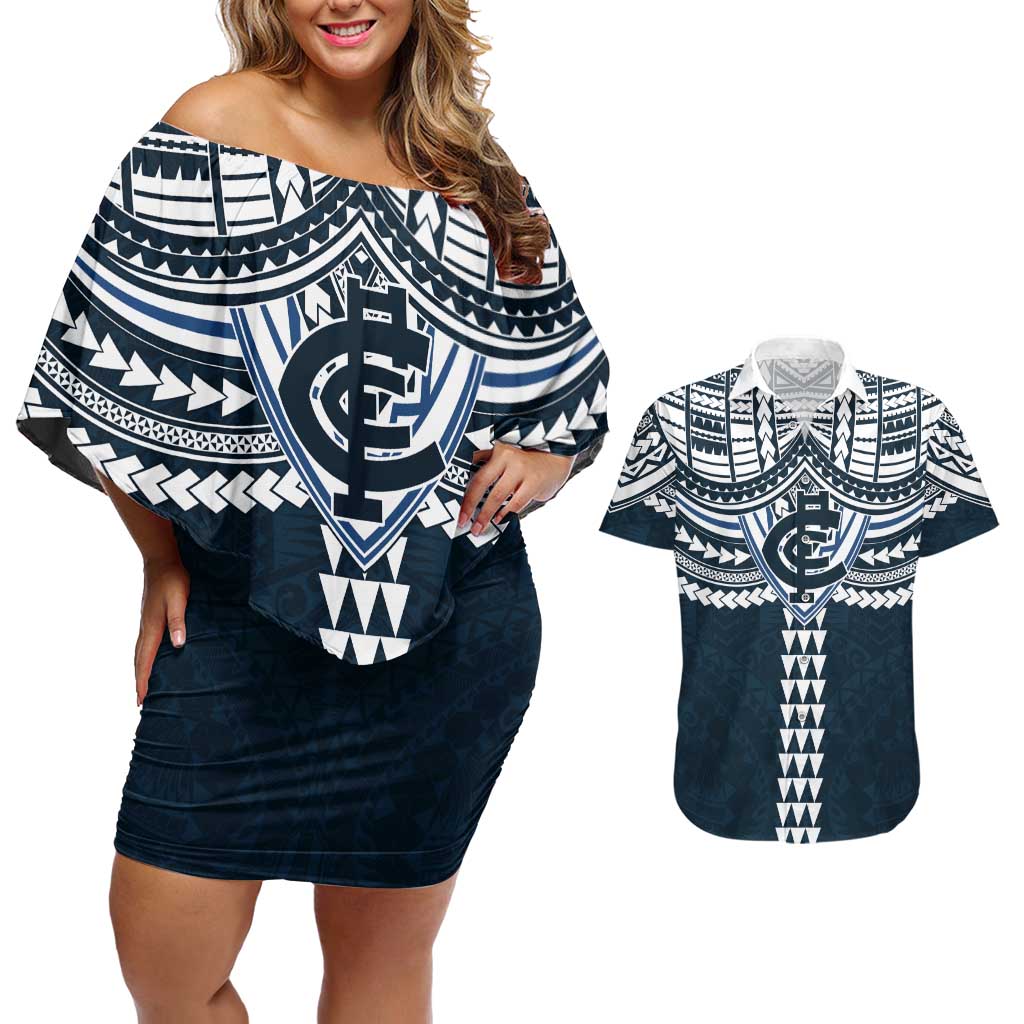 Personalized Carlton Blues Couples Matching Off Shoulder Short Dress and Hawaiian Shirt Polynesian Tribal Pattern Heritage Football