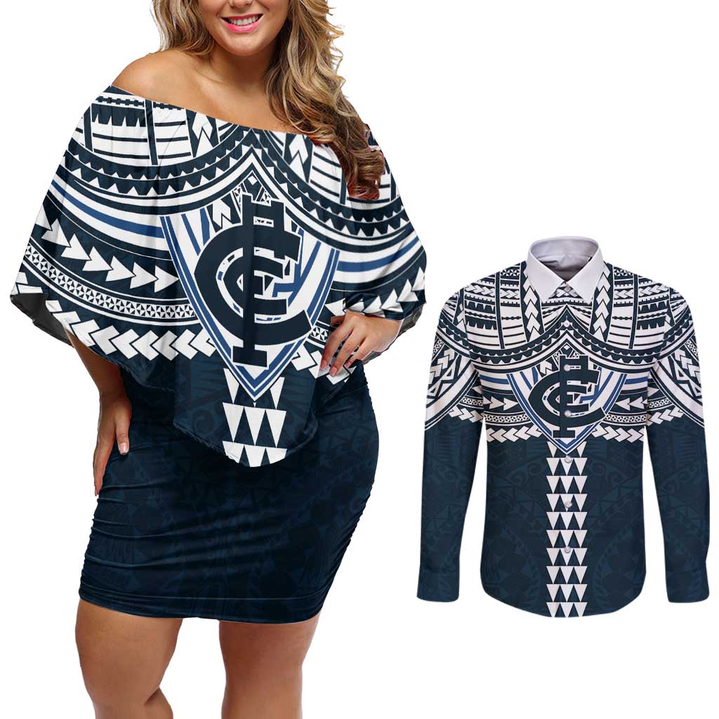 Personalized Carlton Blues Couples Matching Off Shoulder Short Dress and Long Sleeve Button Shirt Polynesian Tribal Pattern Heritage Football