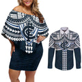 Personalized Carlton Blues Couples Matching Off Shoulder Short Dress and Long Sleeve Button Shirt Polynesian Tribal Pattern Heritage Football