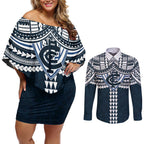 Personalized Carlton Blues Couples Matching Off Shoulder Short Dress and Long Sleeve Button Shirt Polynesian Tribal Pattern Heritage Football