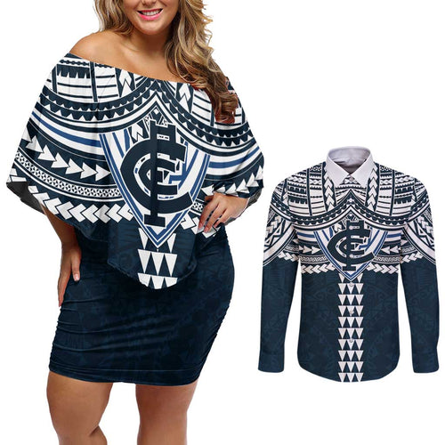 Personalized Carlton Blues Couples Matching Off Shoulder Short Dress and Long Sleeve Button Shirt Polynesian Tribal Pattern Heritage Football