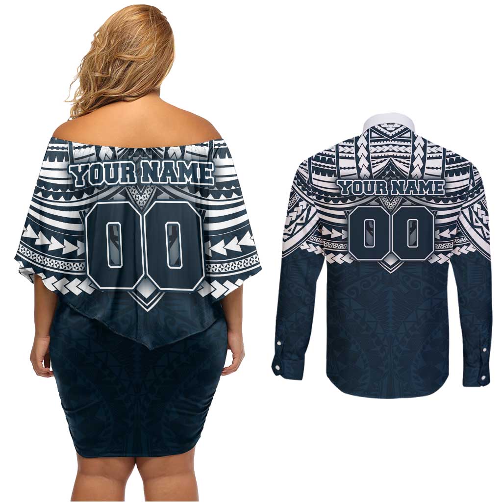 Personalized Carlton Blues Couples Matching Off Shoulder Short Dress and Long Sleeve Button Shirt Polynesian Tribal Pattern Heritage Football