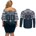 Personalized Carlton Blues Couples Matching Off Shoulder Short Dress and Long Sleeve Button Shirt Polynesian Tribal Pattern Heritage Football