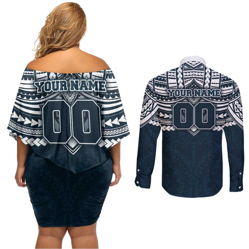 Personalized Carlton Blues Couples Matching Off Shoulder Short Dress and Long Sleeve Button Shirt Polynesian Tribal Pattern Heritage Football