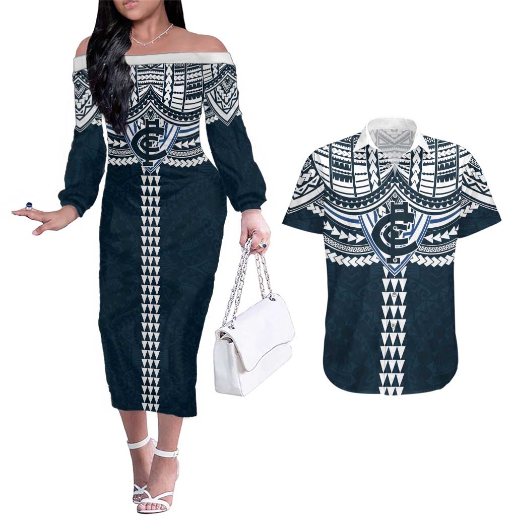 Personalized Carlton Blues Couples Matching Off The Shoulder Long Sleeve Dress and Hawaiian Shirt Polynesian Tribal Pattern Heritage Football