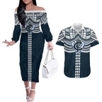 Personalized Carlton Blues Couples Matching Off The Shoulder Long Sleeve Dress and Hawaiian Shirt Polynesian Tribal Pattern Heritage Football